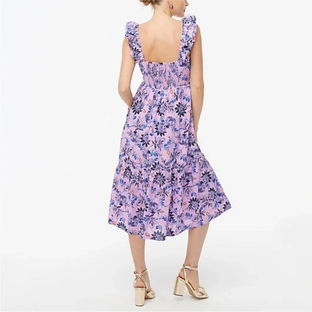 J Crew Square Neck Tiered Floral Pink and Blue Dress
